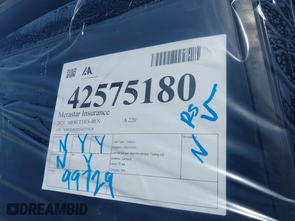 2021 Mercedes-Benz A 220 with VIN W1K3G4EBXMJ275424, listed as a IAAI auction lot 42575180 with 99,729 mi miles and . Bid and sale history available at DreamBid. Image 18.