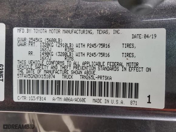2019 Toyota Tacoma 2WD SR with VIN 5TFAX5GN2KX151074, listed as a Copart auction lot 45368425 with 87,995 mi miles and Salvage Title. Bid and sale history available at carsss.com. Image 12.