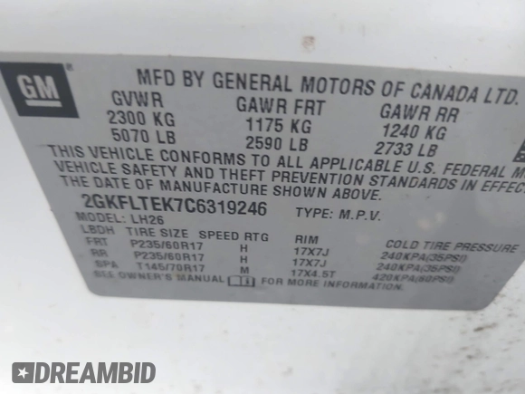 2012 GMC Terrain SLE-2 with VIN 2GKFLTEK7C6319246, listed as a IAAI auction lot 42198043 with 158,955 mi miles and . Bid and sale history available at DreamBid. Image 9.