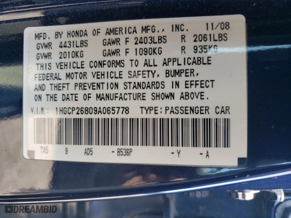2009 Honda Accord Sdn EX-L with VIN 1HGCP26809A065778, listed as a Copart auction lot 53624435 with 166,461 mi miles and Clean Title. Bid and sale history available at carsss.com. Image 12.