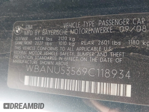 2009 BMW 5 Series 528i with VIN WBANU53569C118934, listed as a IAAI auction lot 41935178 with 208,848 mi miles and . Bid and sale history available at carsss.com. Image 9.