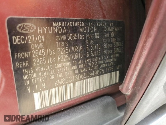 2005 Hyundai Santa Fe GLS with VIN KM8SC13D65U949875, listed as a Copart auction lot 47361905 with 122,658 mi miles and Salvage Title. Bid and sale history available at carsss.com. Image 12.