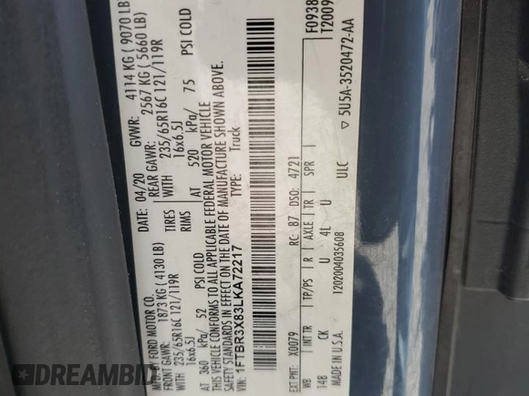 2020 Ford Transit Cargo with VIN 1FTBR3X83LKA72217, listed as a Copart auction lot 51343525 with 70,725 mi miles and Salvage Title. Bid and sale history available at carsss.com. Image 14.