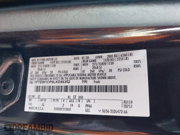 2020 Ford F-150 XL with VIN 1FTEW1CP9LKE86352, listed as a IAAI auction lot 41852921 with 64,315 mi miles and . Bid and sale history available at DreamBid. Image 9.