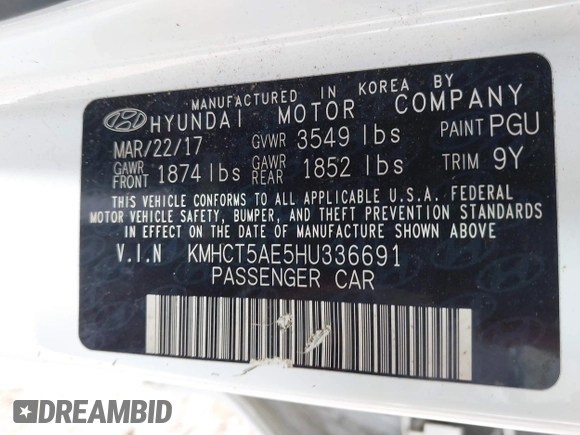 2017 Hyundai Accent SE with VIN KMHCT5AE5HU336691, listed as a IAAI auction lot 42016923 with 147,665 mi miles and . Bid and sale history available at DreamBid. Image 9.