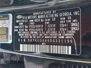 2013 Kia Sorento EX with VIN 5XYKU3A66DG331196, listed as a IAAI auction lot 42237451 with 139,250 mi miles and . Bid and sale history available at DreamBid. Image 9.