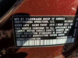 2012 Volkswagen Passat SE with VIN 1VWBH7A35CC051285, listed as a Copart auction lot 75845524 with 95,540 mi miles and Salvage Title. Bid and sale history available at carsss.com. Image 13.