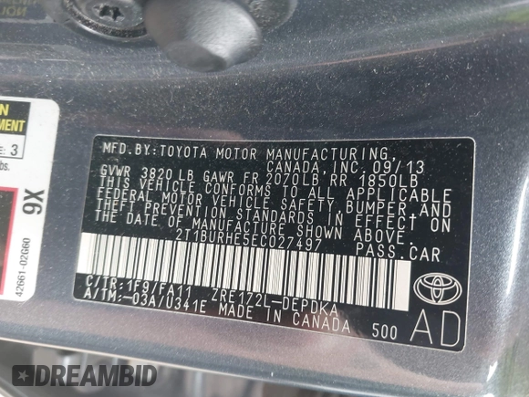 2014 Toyota Corolla L with VIN 2T1BURHE5EC027497, listed as a IAAI auction lot 42602880 with 101,094 mi miles and . Bid and sale history available at DreamBid. Image 9.
