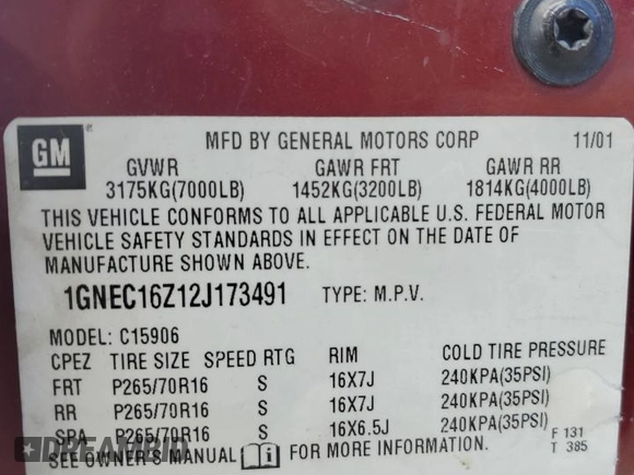 2002 Chevrolet Suburban LT with VIN 1GNEC16Z12J173491, listed as a Copart auction lot 72228914 with 0 mi miles and Salvage Title. Bid and sale history available at carsss.com. Image 13.