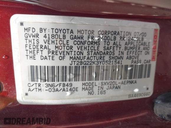 2000 Toyota Camry CE z VIN JT2BG22K3Y0521541, wystawiony jako IAAI lot #42074772 z przebiegiem 144 587 mil mil oraz . Historia ofert i sprzedaży dostępna na DreamBid. Obrazek 9.