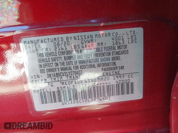 2020 Nissan Sentra SV with VIN 3N1AB8CV2LY276407, listed as a IAAI auction lot 41271038 with 53,563 mi miles. Bid and sale history available at carsss.com. Image 9.