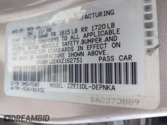 1999 Toyota Corolla VE with VIN 1NXBR12E4XZ182751, listed as a IAAI auction lot 41433066 with 56,904 mi miles and . Bid and sale history available at DreamBid. Image 9.