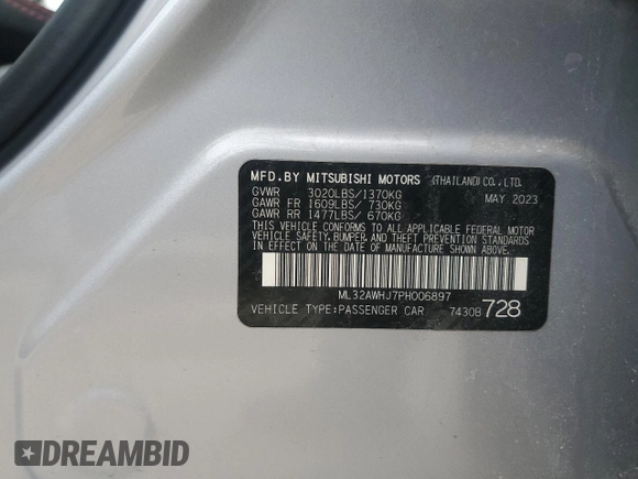 2023 Mitsubishi Mirage Black Edition with VIN ML32AWHJ7PH006897, listed as a Copart auction lot 48814125 with 25,132 mi miles and Salvage title. Bid and sale history available at DreamBid. Image 13.