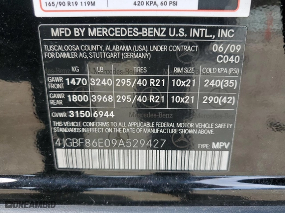 2009 Mercedes-Benz GL-Class 5.5L with VIN 4JGBF86E09A529427, listed as a Copart auction lot 48977625 with 71,248 mi miles and Salvage Title. Bid and sale history available at carsss.com. Image 13.