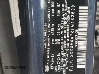2015 Kia Optima LX with VIN 5XXGM4A78FG483699, listed as a Copart auction lot 50374375 with 110,619 mi miles and Salvage Title. Bid and sale history available at carsss.com. Image 12.