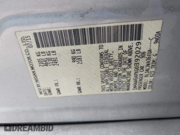 2016 Nissan Maxima SV with VIN 1N4AA6APXGC392029, listed as a IAAI auction lot 41729299 with 135,572 mi miles and . Bid and sale history available at DreamBid. Image 9.