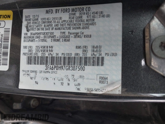 2016 Ford Fusion SE with VIN 3FA6P0H97GR307500, listed as a IAAI auction lot 41836573 with 126,404 mi miles and . Bid and sale history available at carsss.com. Image 9.