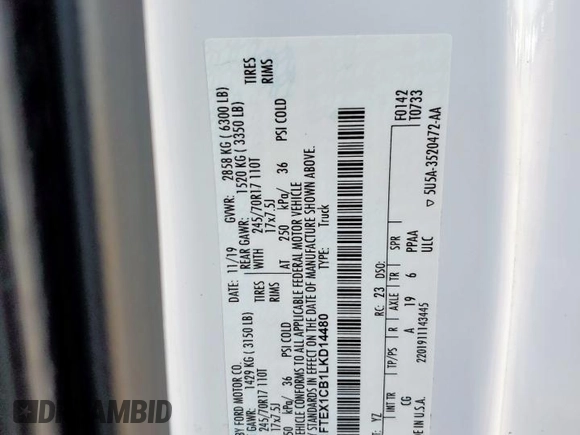 2020 Ford F-150 XL with VIN 1FTEX1CB1LKD14480, listed as a Copart auction lot 59395645 with 189,012 mi miles and Salvage title. Bid and sale history available at DreamBid. Image 12.