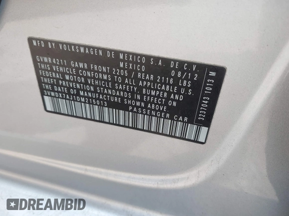 2013 Volkswagen Jetta SE с VIN 3VWDX7AJ1DM215013, выставлен на аукционе IAAI как лот 42774806 с пробегом Не указан миль и . История ставок и продаж доступна на DreamBid. Изображение 9.
