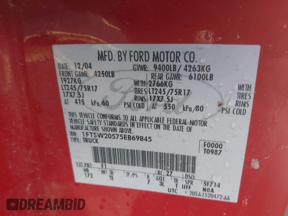 2005 Ford Super Duty F-250 XL with VIN 1FTSW20575EB69845, listed as a IAAI auction lot 41346591 with 1 mi miles. Bid and sale history available at carsss.com. Image 9.