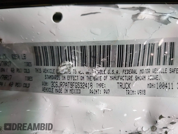 2015 Ram 1500 Express with VIN 3C6JR7AT9FG532418, listed as a IAAI auction lot 41267889 with 120,812 mi miles and . Bid and sale history available at DreamBid. Image 9.