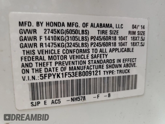 2014 Honda Ridgeline RTL with VIN 5FPYK1F53EB009121, listed as a Copart auction lot 62029614 with Not Provided miles and Clean Title. Bid and sale history available at carsss.com. Image 15.