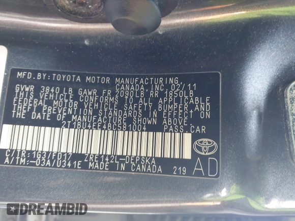 2011 Toyota Corolla L with VIN 2T1BU4EE4BC581004, listed as a IAAI auction lot 41846956 with 156,363 mi miles. Bid and sale history available at carsss.com. Image 9.