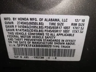 2011 Honda Ridgeline RTS with VIN 5FPYK1F4XBB008020, listed as a IAAI auction lot 41817310 with 227,803 mi miles. Bid and sale history available at carsss.com. Image 9.