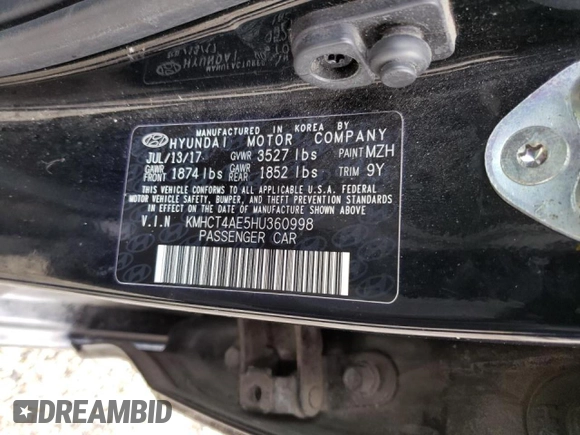 2017 Hyundai Accent SE with VIN KMHCT4AE5HU360998, listed as a Copart auction lot 70888682 with 105,010 mi miles. Bid and sale history available at carsss.com. Image 12.