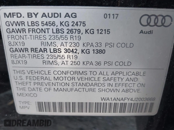 2018 Audi Q5 Premium with VIN WA1ANAFY4J2003668, listed as a IAAI auction lot 42167687 with 140,548 mi miles and . Bid and sale history available at DreamBid. Image 9.