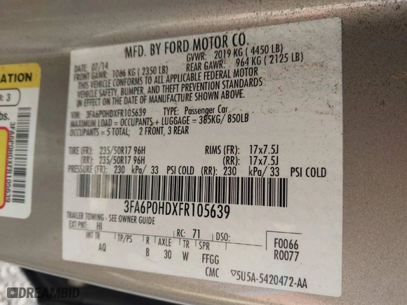 2015 Ford Fusion SE with VIN 3FA6P0HDXFR105639, listed as a IAAI auction lot 41860113 with 78,389 mi miles. Bid and sale history available at carsss.com. Image 9.