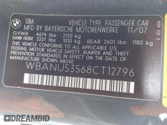 2008 BMW 5 Series 528i with VIN WBANU53568CT12796, listed as a IAAI auction lot 41770042 with 118,516 mi miles and . Bid and sale history available at carsss.com. Image 9.