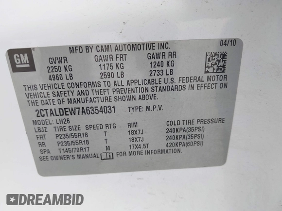 2010 GMC Terrain SLE-2 with VIN 2CTALDEW7A6354031, listed as a IAAI auction lot 42242179 with 213,911 mi miles and . Bid and sale history available at DreamBid. Image 9.