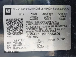 2020 Chevrolet Equinox LT with VIN 3GNAXKEV0LS583500, listed as a IAAI auction lot 41780273 with 98,024 mi miles. Bid and sale history available at carsss.com. Image 9.
