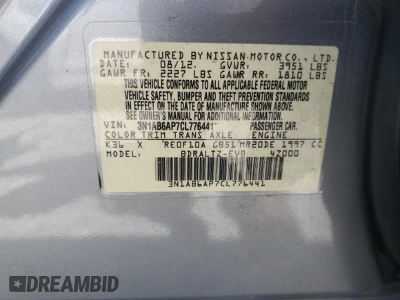 2012 Nissan Sentra SR with VIN 3N1AB6AP7CL776441, listed as a Copart auction lot 52162555 with 110,334 mi miles and Salvage Title. Bid and sale history available at DreamBid. Image 13.