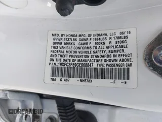 2016 Honda Civic Sedan LX with VIN 19XFC2F59GE068847, listed as a IAAI auction lot 42051510 with 113,450 mi miles. Bid and sale history available at carsss.com. Image 9.