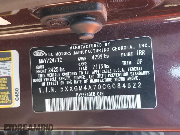2012 Kia Optima LX with VIN 5XXGM4A70CG084622, listed as a Copart auction lot 80147604 with 55,853 mi miles and Salvage Title. Bid and sale history available at carsss.com. Image 12.