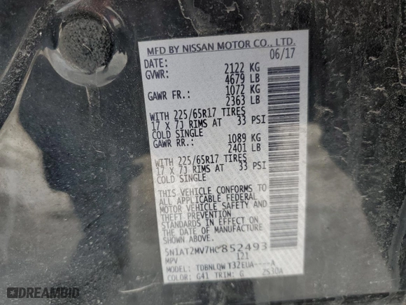 2017 Nissan Rogue SL with VIN 5N1AT2MV7HC852493, listed as a Copart auction lot 89066375 with 146,342 mi miles and Salvage Title. Bid and sale history available at carsss.com. Image 15.