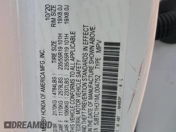 2021 Acura RDX with VIN 5J8TC1H31ML004752, listed as a Copart auction lot 60276605 with 160,119 mi miles and Salvage title. Bid and sale history available at DreamBid. Image 13.