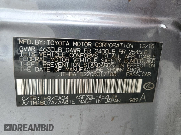 2016 Lexus IS 200t with VIN JTHBA1D22G5017188, listed as a Copart auction lot 51459035 with 162,642 mi miles and Salvage Title. Bid and sale history available at DreamBid. Image 12.