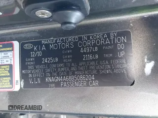 2011 Kia Optima EX with VIN KNAGN4A68B5086204, listed as a IAAI auction lot 41976276 with 177,439 mi miles and . Bid and sale history available at carsss.com. Image 9.