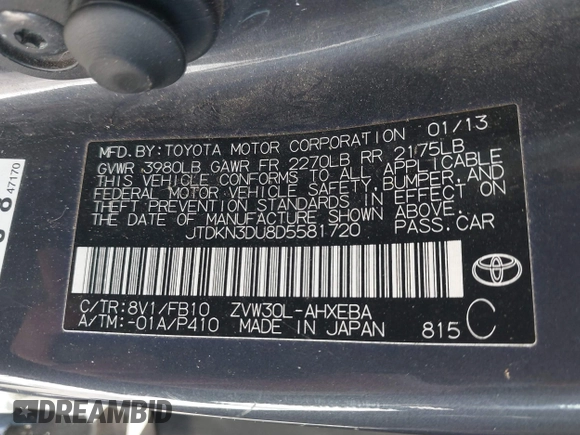 2013 Toyota Prius One with VIN JTDKN3DU8D5581720, listed as a IAAI auction lot 41710581 with 119,696 mi miles. Bid and sale history available at carsss.com. Image 9.