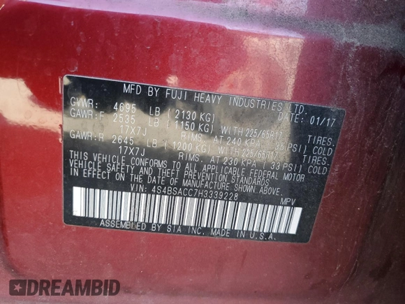 2017 Subaru Outback Premium with VIN 4S4BSACC7H3339228, listed as a Copart auction lot 61106815 with 122,131 mi miles and Salvage title. Bid and sale history available at DreamBid. Image 13.