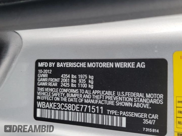 2013 BMW 3 Series 328i with VIN WBAKE3C58DE771511, listed as a Copart auction lot 82279174 with 106,193 mi miles and Salvage Title. Bid and sale history available at DreamBid. Image 14.