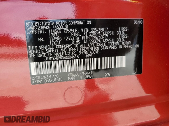 2010 Toyota RAV4 Limited with VIN JTMYK4DV0AD004618, listed as a Copart auction lot 42961773 with 105,994 mi miles and Salvage title. Bid and sale history available at DreamBid. Image 15.