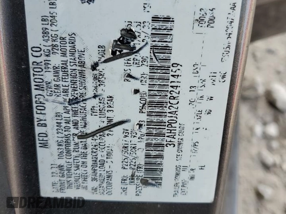 2012 Ford Fusion SEL with VIN 3FAHP0JA2CR241459, listed as a Copart auction lot 51834505 with 201,527 mi miles and Salvage Title. Bid and sale history available at DreamBid. Image 14.