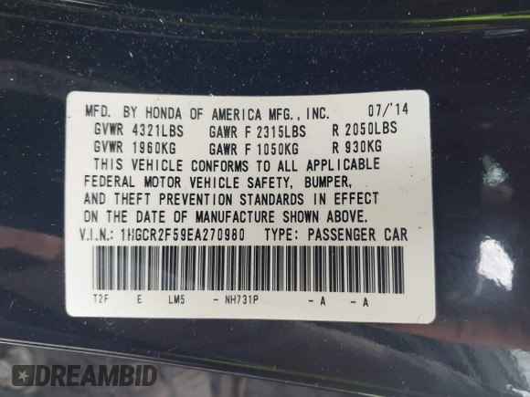 2014 Honda Accord Sport with VIN 1HGCR2F59EA270980, listed as a IAAI auction lot 41954935 with 130,041 mi miles and . Bid and sale history available at DreamBid. Image 9.