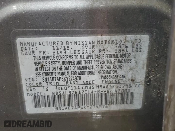 2019 Nissan Sentra S with VIN 3N1AB7AP6KY274978, listed as a Copart auction lot 53527325 with Not Provided miles and Salvage Title. Bid and sale history available at carsss.com. Image 12.