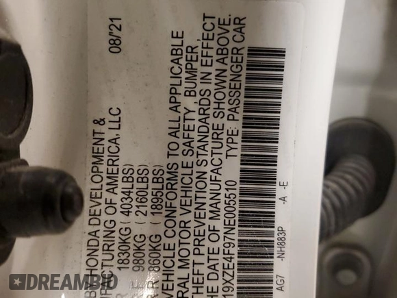 2022 Honda Insight Touring with VIN 19XZE4F97NE005510, listed as a Copart auction lot 42621515 with 20,969 mi miles and Salvage Title. Bid and sale history available at DreamBid. Image 14.