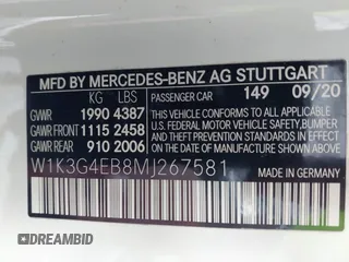 2021 Mercedes-Benz A 220 with VIN W1K3G4EB8MJ267581, listed as a IAAI auction lot 42561173 with 56,608 mi miles and . Bid and sale history available at DreamBid. Image 9.
